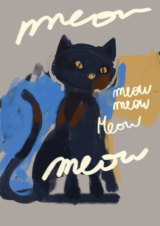 Energetic cat portrait black and text with meow, design in graffiti scribble painting, mix-media illustration, modern painting and graffiti. Artistic painting with saturated color.の写真素材