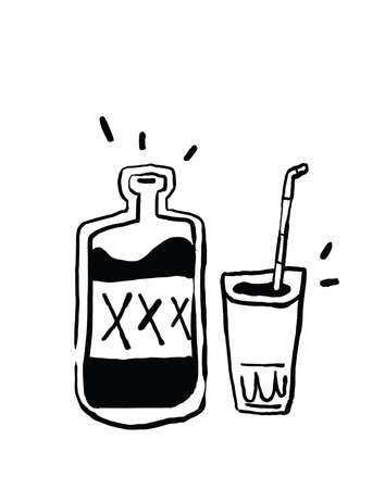 Lovely alcoholic drink cartoon 1920s with xxx on the bottle and a glass with a straw, character design and figure. Inventive graphics with black and white. Illustration for articleの写真素材
