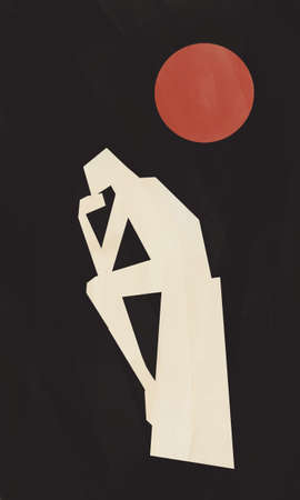 Graceful figurative abstract person thinking with red sun, inspired from famous sculpture, vintage poster. Gorgeous poster with strong color. Artwork for bannerの写真素材