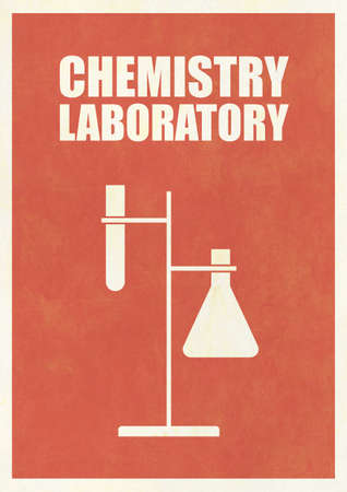 Stimulating textured chemistry glassware on stand with text., Vintage artwork. Esthetic poster with saturated color. Artwork for flyer, print and posterの写真素材