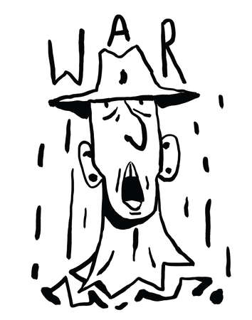 Angry portrait of a man with a hat in the rain. the words war, tattoo and t-shirt design. Peculiar gouache with black and white. Illustration for flayer, print and posterの写真素材