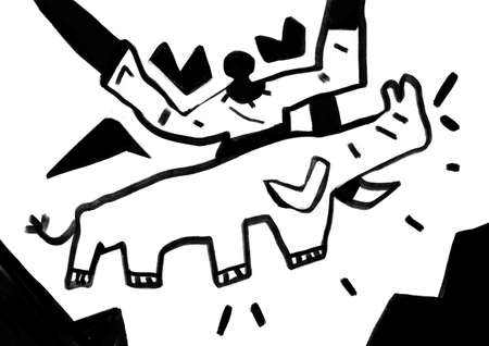 Funny elephant character dancing figure, graffiti and expressionism art. Artistic drawing with no color. Comic strip for poster, art industry and bookの写真素材