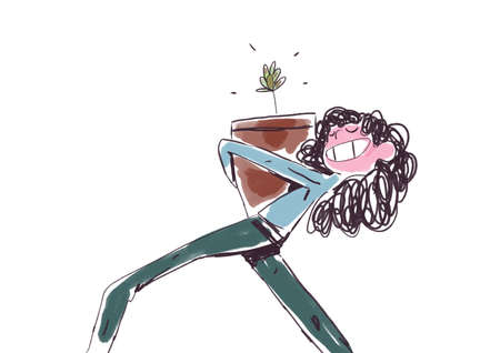 Funny Girl hugs a pot, she is happy to garden, cartoon and strip. Artistic sketch with brilliant. Illustration for print, wall art and eventの写真素材