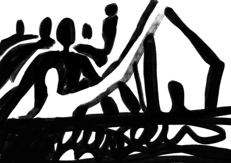 Aesthetic abstract dark people figure, graffiti and expressionism art. Stimulating illustration with black and white. Illustration for book, cover and printの写真素材