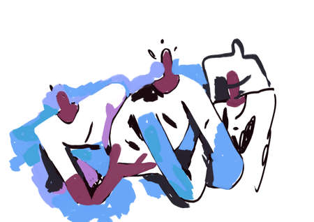 Bizarre friends together on a soothing blue bold line, graffiti and expressionism art. Peaceful cartoon with vivid color. Cartoon for poster, art industry and bookの写真素材