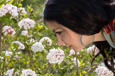 A young woman smells the spring flowersの写真素材