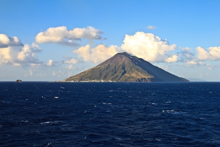 View of the Stromboli volcano over the seaの写真素材