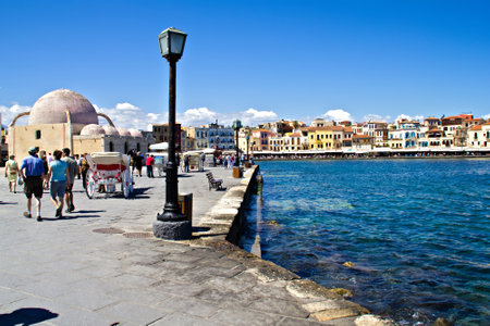 The town of Chania in Crete Greece with the old harbour and Janissariesのeditorial素材
