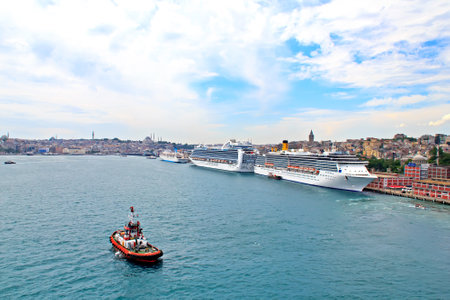 Cruise ships and pilot boats in the port of Istanbul, Turkeyのeditorial素材