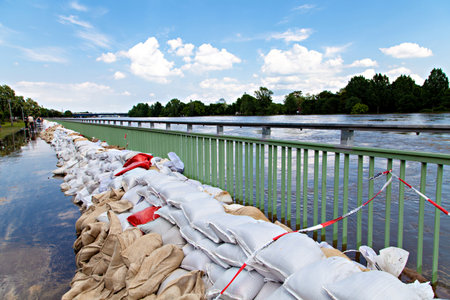 Flooding in Magdeburg, Germany, June 2013. Sandbags protect against the waterのeditorial素材