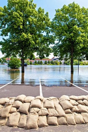 Flooding in Magdeburg, Germany, June 2013  Sandbags protect against the waterの写真素材