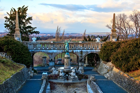 Sculptures in the beautiful garden of Castle Roseburg, Saxony-Anhalt, Germanyの写真素材