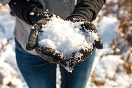 A woman's hand wearing gloves holding a snowの写真素材