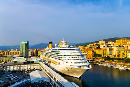 Cruiser in harbour of Savona, Italian Rivieraのeditorial素材