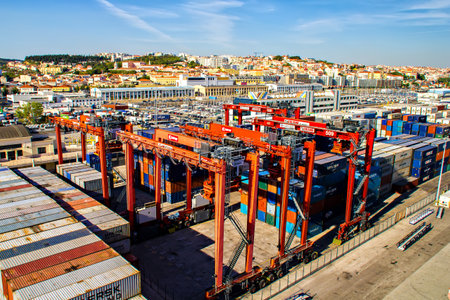 Container terminal at Lisbon shipyard, Portugalのeditorial素材