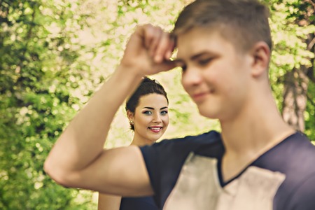 Romantic date in park in sunny dayの写真素材