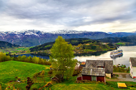Norwegian landscape: village, mountain and seaのeditorial素材