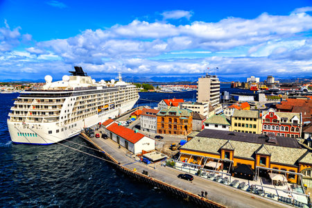 White cruise ship in port, Norwayのeditorial素材