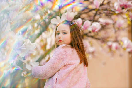 Portrait of a cute cheerful girl in a gray dress wearing rosa jacket staying in spring in a park under a flowering pink magnolia tree.の写真素材