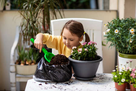 Little girl planting flowers on the balcony, caring for plantsの写真素材