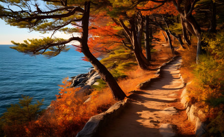 Hiking trail leading to the sea through the trees in autumn.の素材