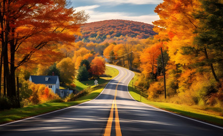 Autumn road in the mountains. Autumn landscape with road and forest.の素材