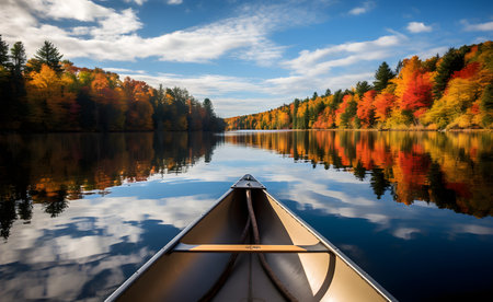Kayak on the lake in the autumn forest. Beautiful fall landscapeの素材
