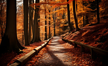 Autumn forest with fallen leaves and wooden path. Autumn landscape.の素材