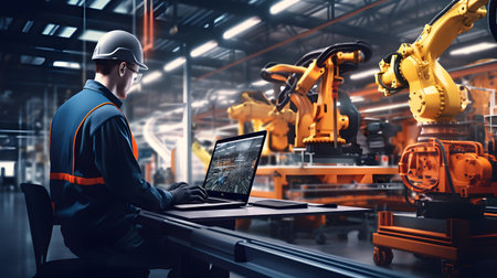 Smart factory worker using laptop computer in warehouse. Industry and engineering concept.の素材