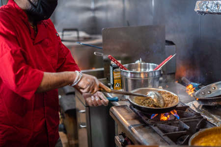 Chef preparing cooking and serving indian cuisine style dishの写真素材
