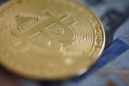 Bitcoin digital crypto currency logo with dollar bilの写真素材