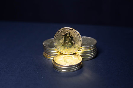 Bitcoins digital crypto currency golden coins logoの写真素材