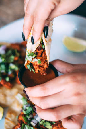 A plate of tacos and tortilla snacksの写真素材