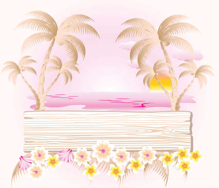 Summer holidays background with wood panel. Sun, palms, flowers, coconut water. Vectorのイラスト素材