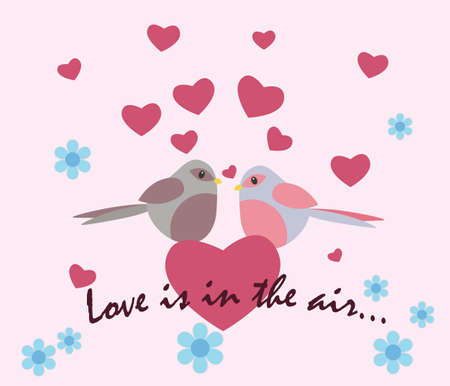 Two pigeons on a tree branch. Spring background with flowers. Love is in the air text. Vectorのイラスト素材