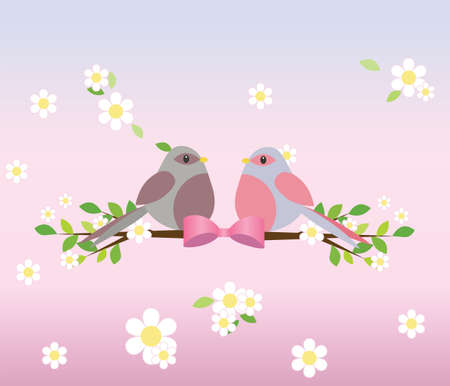 Two pigeons on a tree branch. Spring background with flowers. Vectorのイラスト素材