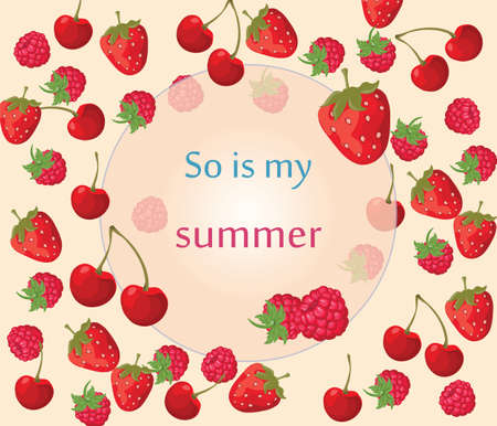 Cherry, strawberry and raspberry Summer background fruits. Vectorのイラスト素材