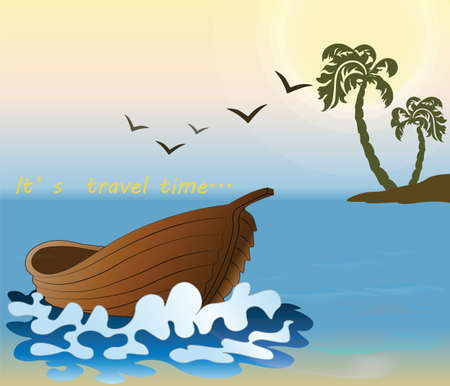 Summer travel background with ship and palms. Vectorのイラスト素材