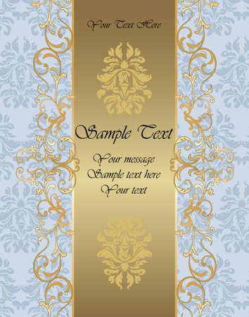 Golden Invitation card with vintage lace ornaments in blue. Vectorのイラスト素材