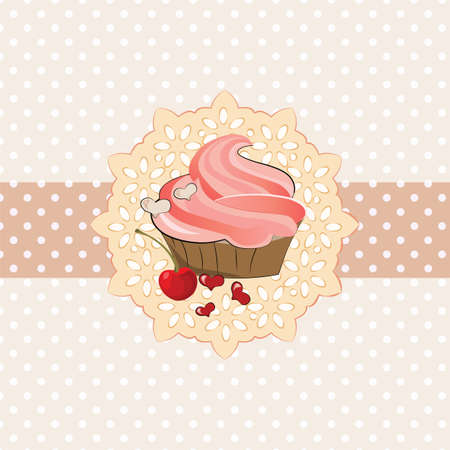 Sweet cupcake invitation background with lace and dotted ornament. のイラスト素材