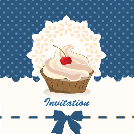 Sweet cupcake invitation background with ribbon, lace and dotted ornament.のイラスト素材