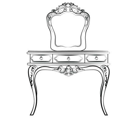 Dressing table with mirror in classic baroque style. Vector sketchのイラスト素材