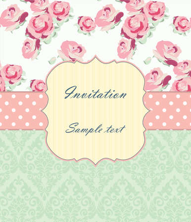 Wedding invitation card with vintage ornaments and roses. Shabby chic style. Vectorのイラスト素材