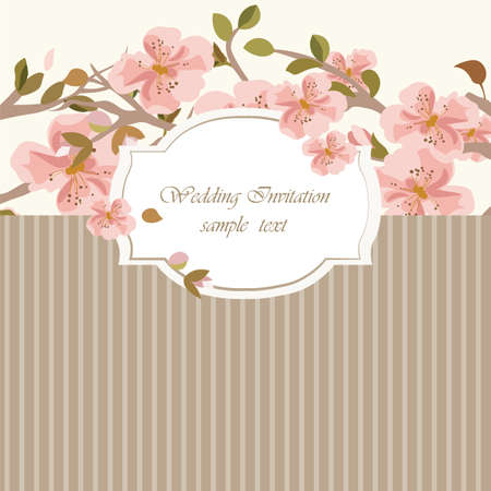 Vintage Invitation Card with Watercolor Flowers Background. Spring Blooming Apple Flowers. Flower blossom tree branch. Vintage background for invitation, greeting cards, wedding etcのイラスト素材