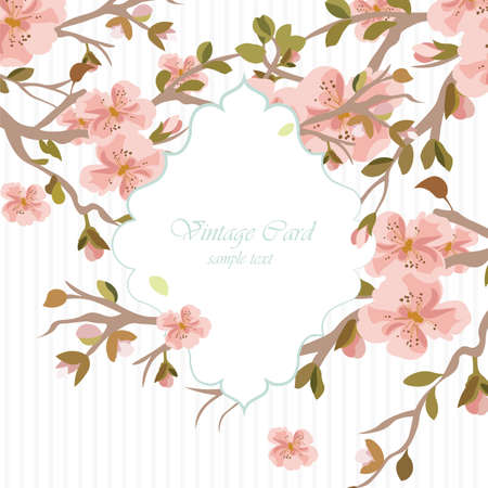 Vintage Invitation Card with Watercolor Flowers Background. Spring Blooming Apple Flowers. Flower blossom tree branch. Vintage background for invitation, greeting cards, wedding etcのイラスト素材
