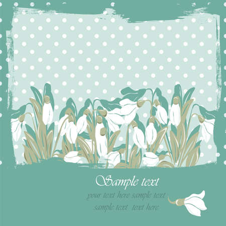 Snowdrop flowers Blossom spring card. Vector spring background.Calligraphic frame. Place for text. Green revive colorのイラスト素材