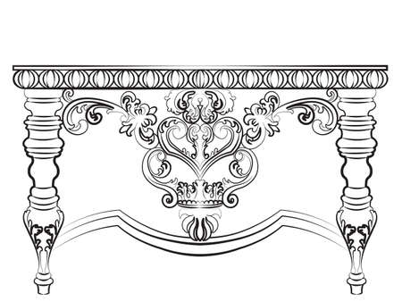 Baroque Imperial style wooden table with luxurious ornaments. Vector sketchのイラスト素材