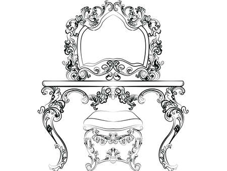 Baroque Imperial style furniture. Dressing table and mirror set with luxurious rich ornaments. Vector sketchのイラスト素材