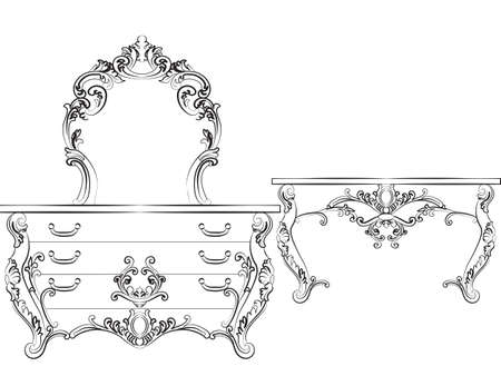 Baroque Luxury style furniture. Elegant table set with rich ornaments. Vector sketchのイラスト素材