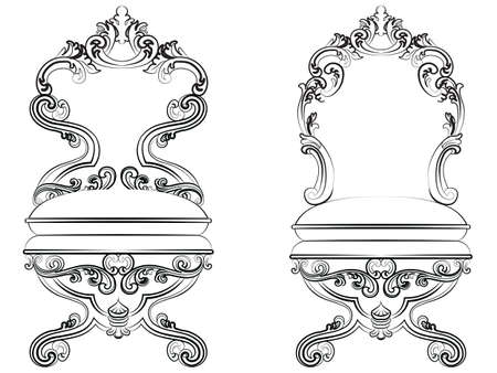 Baroque Imperial style furniture. Chair set throne with luxurious ornaments. Vector sketchのイラスト素材
